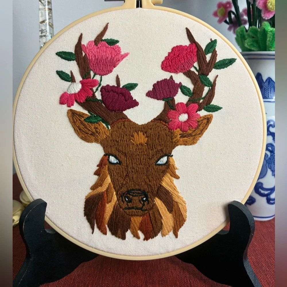 Hand Embroidered Deer Floral Hoop Art – 8” Woodland Decor - Picture 2 of 4